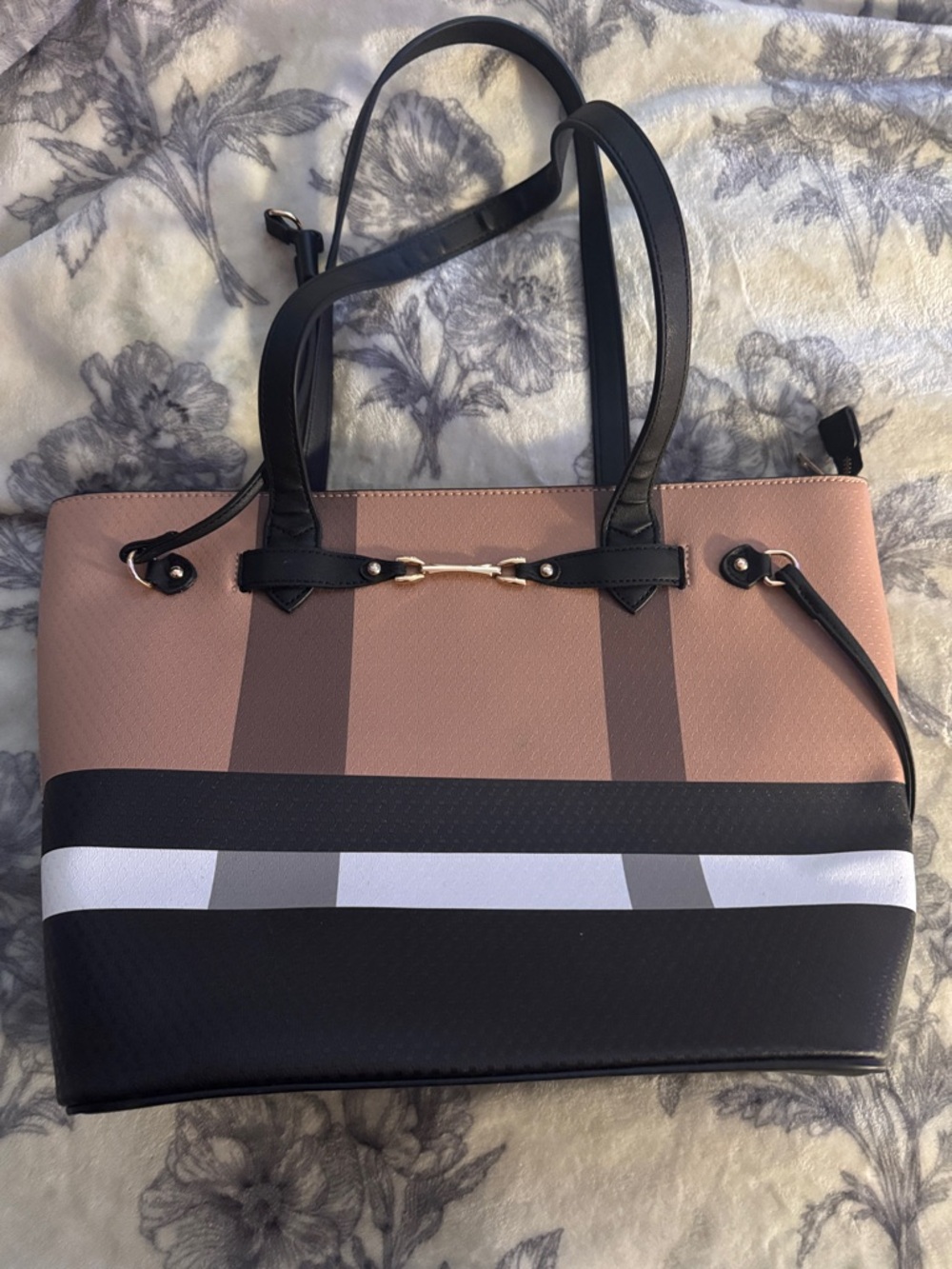 Women's Striped Tote Bag - Blush Pink and Black